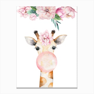 Floral Giraffe Blow Gum Canvas Print
