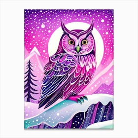 Pink Owl Snowy Landscape Painting (220) Canvas Print