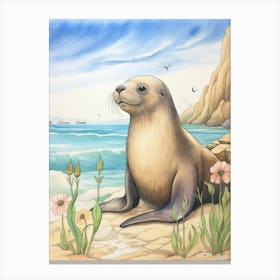 Storybook Animal Watercolour Sea Lion 1 Canvas Print