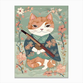 Cute Samurai Cat In The Style Of William Morris 3 Canvas Print