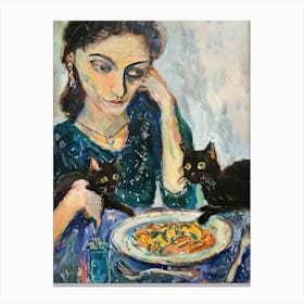 Portrait Of A Woman With Cats Eating Pasta 1 Canvas Print