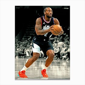 Kawhi Leonard Of The La Clippers Brings The Ball Up Court Against The Charlotte Hornets Canvas Print