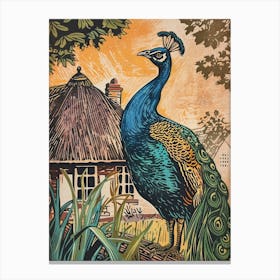 Blue Mustard Peacock By A Cottage Linocut Inspired 2 Canvas Print