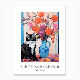 Cats & Flowers Collection Delphinium Flower Vase And A Cat, A Painting In The Style Of Matisse 3 Canvas Print