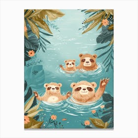 Sloth Bear Family Swimming In A River Storybook Illustration 2 Canvas Print