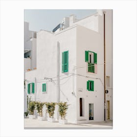 White House With Green Shutters in Monopoli, Puglia, Italy - architecture and travel photography Canvas Print