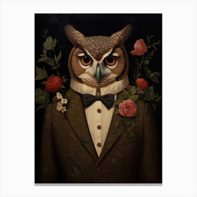 Owl Portrait With Rustic Flowers 3 Canvas Print