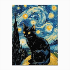 The Starry Night, Vincent Van Gogh Inspired black Cat Art Print Canvas Print
