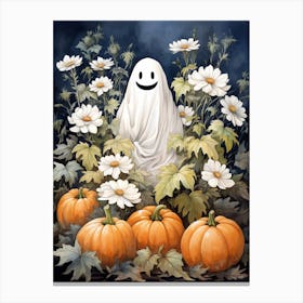 Cute Bedsheet Ghost, Botanical Halloween Watercolour 146 Canvas Print