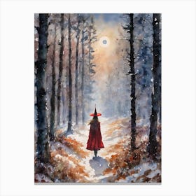 Red Witch in Winter Woods - Cottagecore Witchy Art Print Original Watercolor by Lyra the Lavender Witch - Pagan Fairytale Snowy Yule Forest Scene Perfect Witches Wicca Wall Decor Feature Full Moon Gloomy Dark Aesthetic Beautiful HD Canvas Print