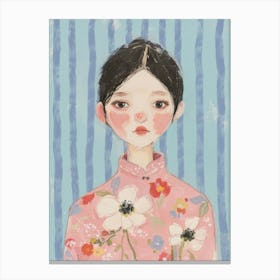 Portrait of a Asian Girl. Stripes and Flowers. Acrylic Painting Canvas Print