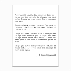 For What It's Worth Scott Fitzgerald Quote Canvas Print