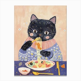 Black Cat Eating Pasta Folk Illustration 3 Canvas Print