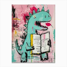 Dinosaur Reading A Book Pink Blue Graffiti Brushstroke 3 Canvas Print