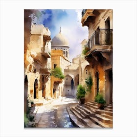 Watercolor Of Old Town Street Canvas Print