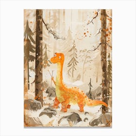 Orange Dinosaur Collecting Sticks Storybook Style Canvas Print