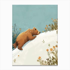 Brown Bear Cub Sliding Down A Snowy Hill Storybook Illustration 3 Canvas Print