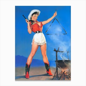 Cowgirl Ringing Triangle for Dinner, Vintage, Retro Western Aesthetic Canvas Print