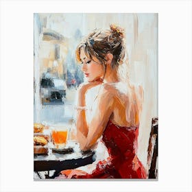 A Girl In A Red Dress Is Sitting In A Cafe 1 Canvas Print