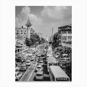 The chaos of Yangon City, Myanmar | Black and White Photography Canvas Print