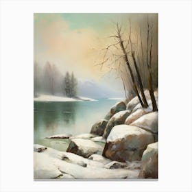 Ancient landscapes, old winter oil paintings and rocks around the lake bank. Snow is falling on the lake, old colors.14 1 Canvas Print