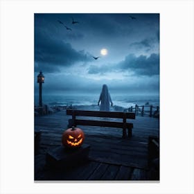 Halloween Themed Coastal Landscape During Dusk Featuring A Jack O Lantern With A Glowing Eye Perched (1) Canvas Print