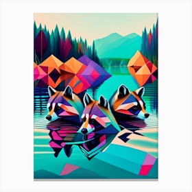 Three Raccoons Swimming In Lake Modern Geometric Canvas Print