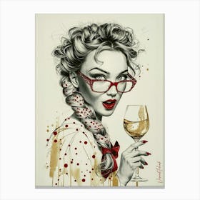 Cute Girl With Red Glasses And A Glass Of Golden Wine Canvas Print