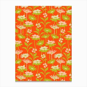 GARDEN MEADOW Floral Botanical Flowers Wildflowers in Summer Green Blush on Coral Orange Canvas Print