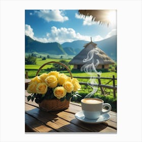 Cup Of Coffee With Yellow Roses Canvas Print