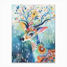 An Animal With Raindrops, The Head Of An Elegant Deer Adorned With Colorful Floral Patterns, Standing Against A Light Blue And Green Background, Surrounded By Water Droplets 3 Canvas Print