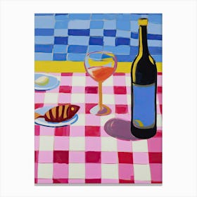 Painting Of A Table With Food And Wine, French Riviera View, Checkered Cloth, Matisse Style 8 Canvas Print