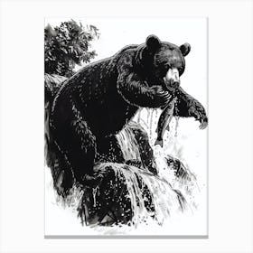 Malayan Sun Bear Catching Fish In A Waterfall Ink Illustration 4 Canvas Print