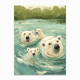 Polar Bear Family Swimming In A River Storybook Illustration 4 Canvas Print