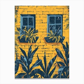 Yellow Brick Wall With Windows And Plants Canvas Print