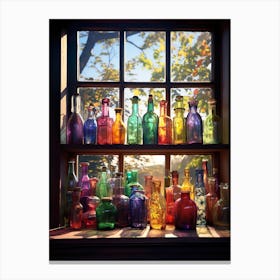 Glass Bottles On Window Sill Canvas Print