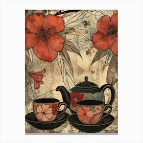 Watercolour Floral Teapot & Cups 3 Canvas Print
