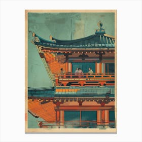 Tourists Visiting A Traditional Japanese Castle Mid Century Modern Canvas Print