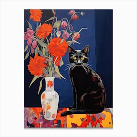 Anemone Flower Vase And A Cat, A Painting In The Style Of Matisse 0 Canvas Print