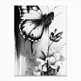 Butterfly And Flowers Symbol Black And White Painting Canvas Print