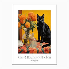Cats & Flowers Collection Marigold Flower Vase And A Cat, A Painting In The Style Of Matisse 1 Canvas Print