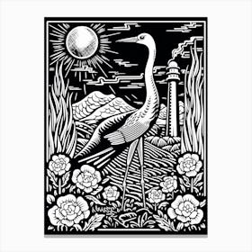 B&W Bird Linocut Crane 3 Canvas Print