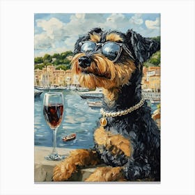 Airedale Drinks Wine At The Harbor Canvas Print