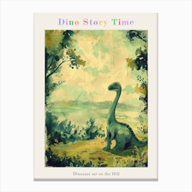 Dinosaur Sat On The Hill Vintage Storybook Painting Poster Canvas Print