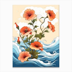 Great Wave With Morning Glory Flower Drawing In The Style Of Ukiyo E 4 Canvas Print