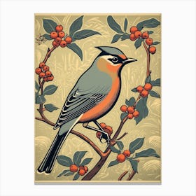 Vintage Bird Linocut Cedar Waxwing 2 Canvas Print