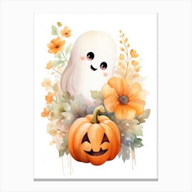 Cute Ghost With Pumpkins Halloween Watercolour 33 Canvas Print