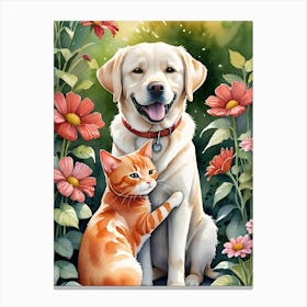 cat with dog with flowers Canvas Print