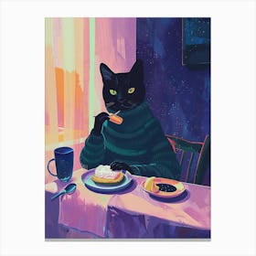 Black Cat Having Breakfast Folk Illustration 1 Canvas Print
