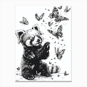 Red Panda Cub Playing With Butterflies Ink Illustration 2 Canvas Print